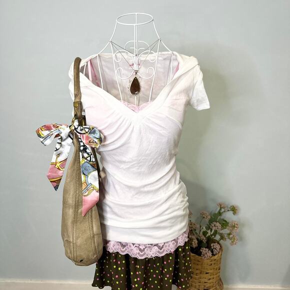 NWT Cute vintage y2k white tight short sleeve v neck hoodie top - Picture 1 of 6